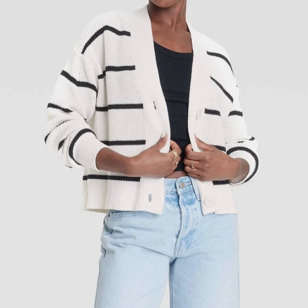 Universal Thread Size L Knit Cardigan Button Front Ivory Black Stripe
